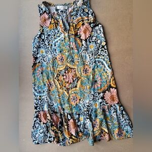 Ann Taylor LOFT Bohemian Sleeveless Dress Gathered Neck Ruffle Size S Summer
